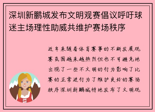 深圳新鹏城发布文明观赛倡议呼吁球迷主场理性助威共维护赛场秩序